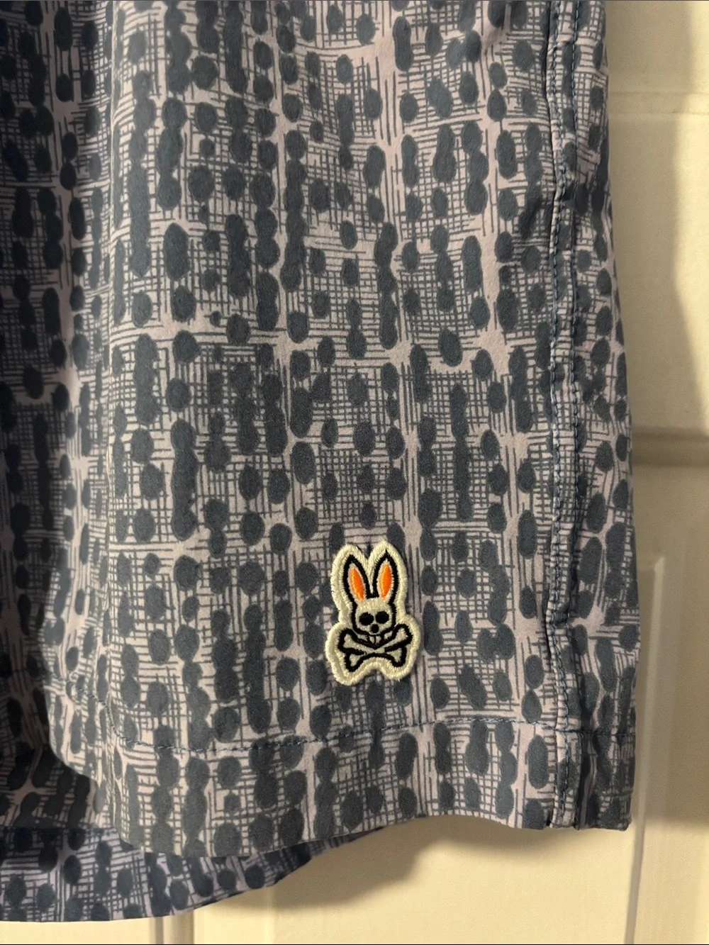 Psycho Bunny Blue Patterned Men’s Swim Trunks with Orange Accents Size Large